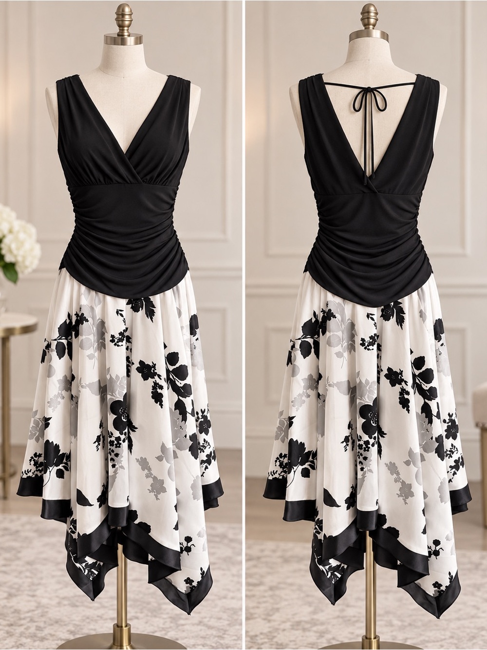 I.N. Studio Black White Floral Handkerchief Dress Size 8 Ruched V Neck